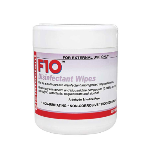 F10 Germicidal Wipes 100 pack multi-purpose disinfectant wipes in dispenser