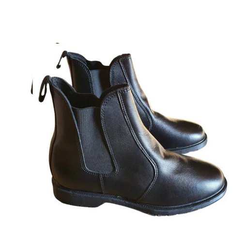 Black genuine leather children's jodhpur riding boots made in South Africa with elasticated sides and stitched soles