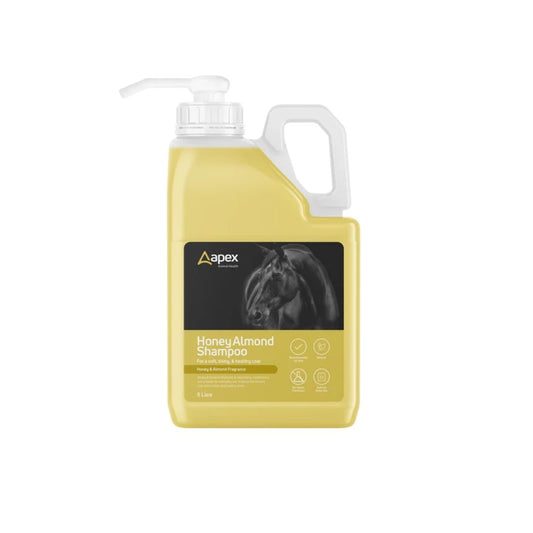 Apex Honey & Almond Horse Shampoo 1L, a nourishing conditioning equine shampoo designed to cleanse the coat and leave the horse looking clean and well groomed.