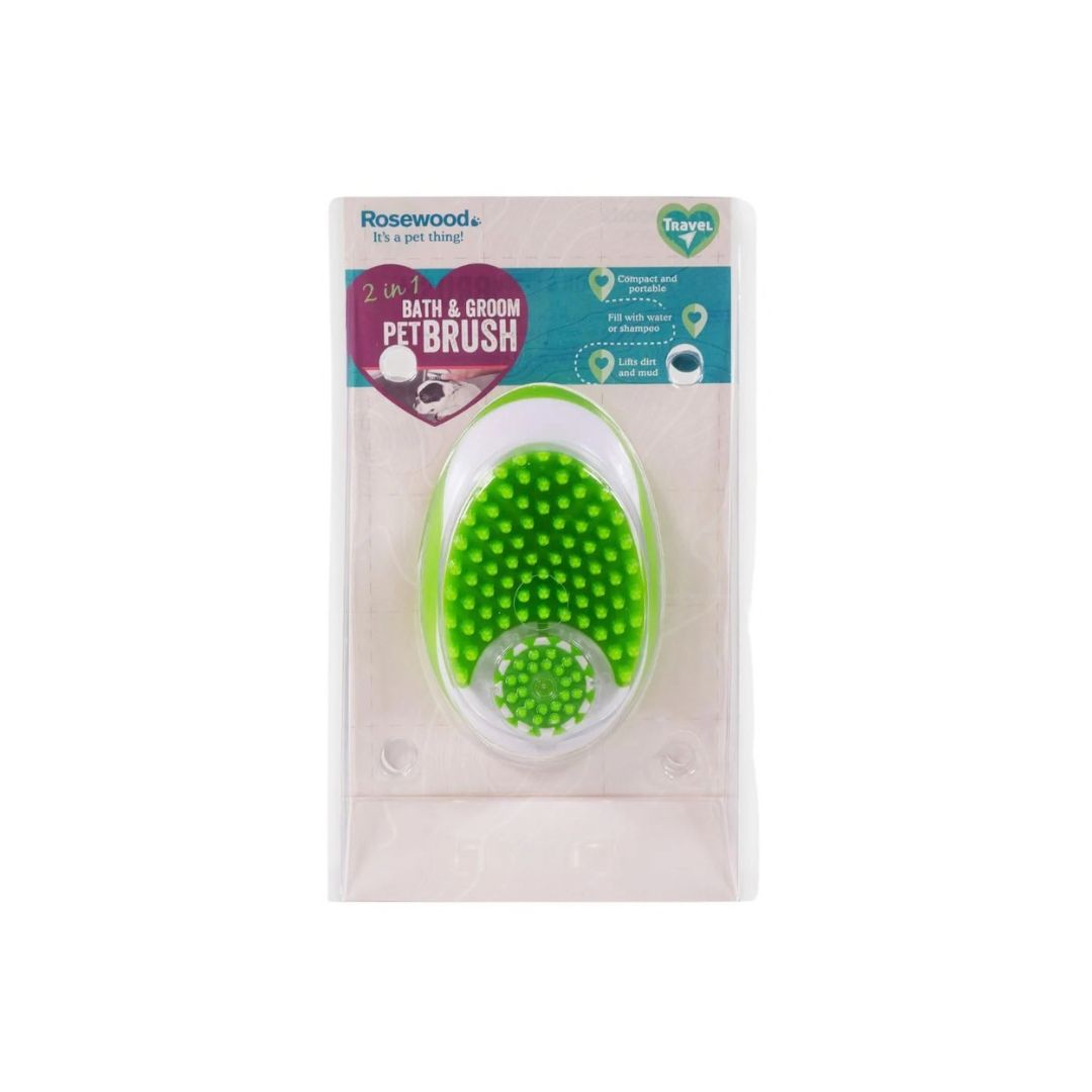 Rosewood 2-in-1 Bath and Groom Pet Brush with built-in shampoo dispenser and rubber massage teeth