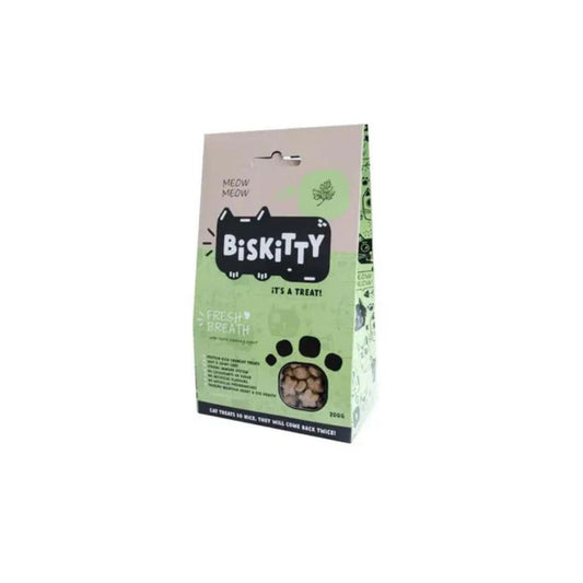 Biskitty Cat Biscuits 200g crunchy protein-rich cat treats, made without colourants, artificial flavours or preservatives and described as sugar-free.