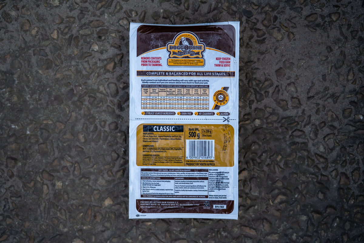Doggobone Classic 500g chicken raw dog food with organ meat, tripe, liver, vegetables and fruit