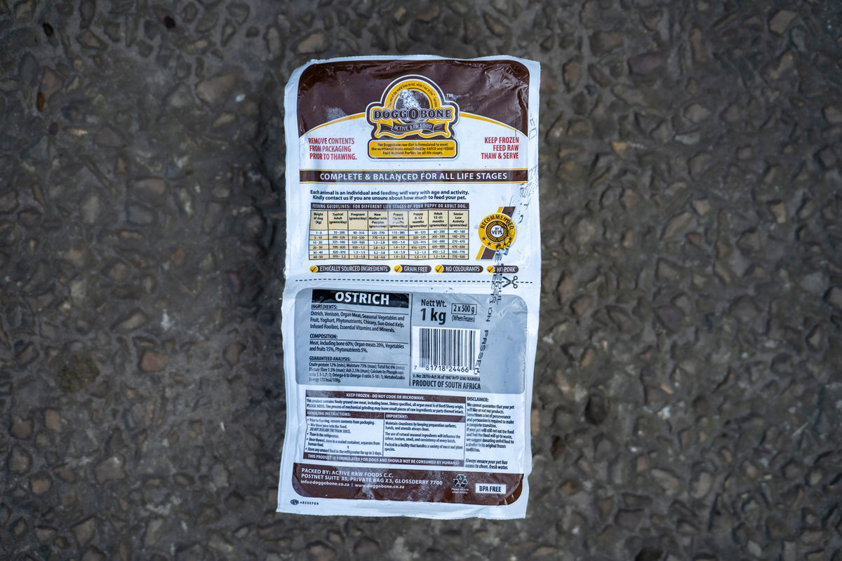 Doggobone Ostrich 1kg raw dog food with finely ground ostrich, bone, fruit and vegetables