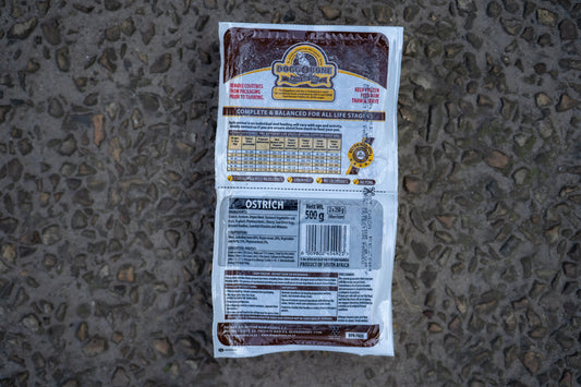 Doggobone Ostrich 500g raw dog food with finely ground ostrich, bone, fruit and vegetables