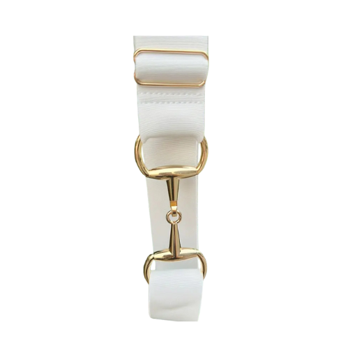 White elasticated equestrian bit belt with adjustable stretch design and gold-coloured bit buckle