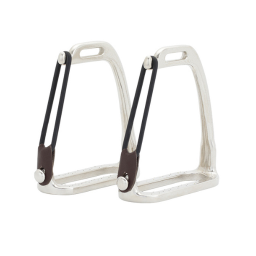 Equi-Tek stainless steel Peacock safety stirrup irons with rings and leather straps