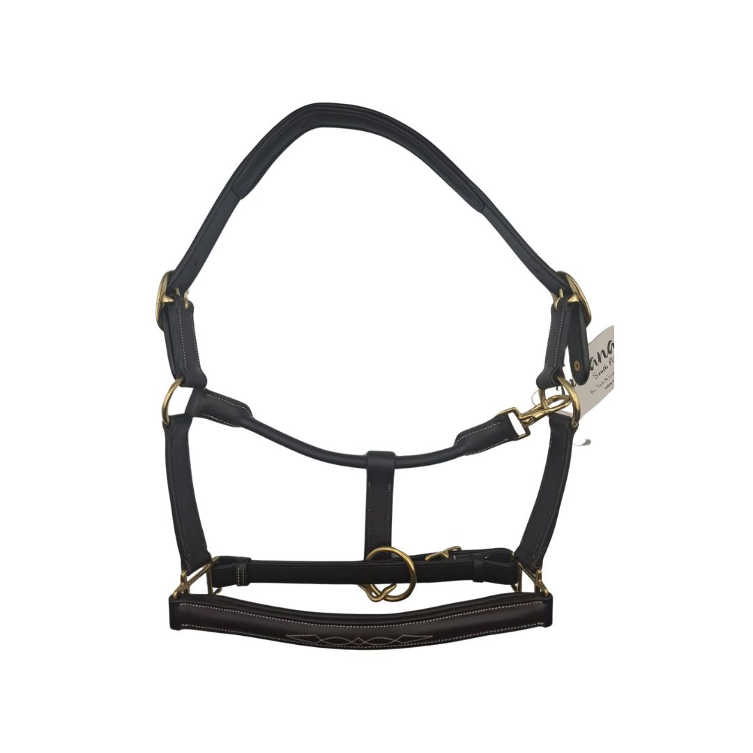 Close-up of the Indiana Raised F/S Leather Halter showing its raised 1-inch leather construction and traditional brass hardware.