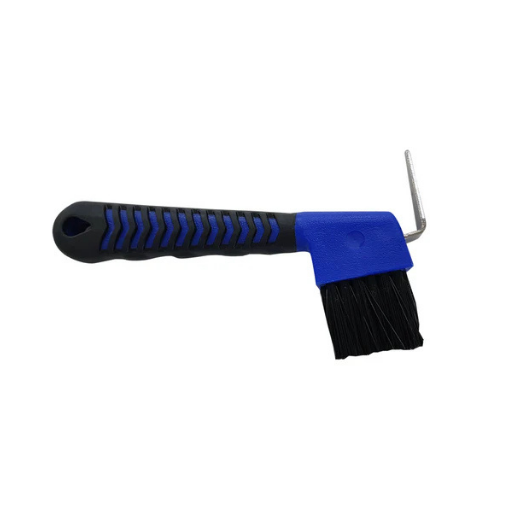 Blue horse hoof pick and brush with metal pick and non-slip grip for removing mud and debris