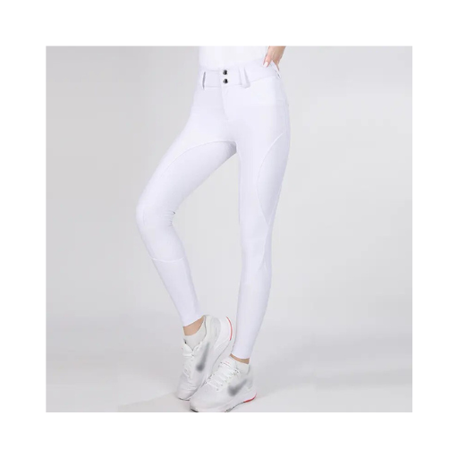 White Equi-Site Hybrid Breeches with 4-way stretch, button and zip closure and practical phone pocket for equestrian riding