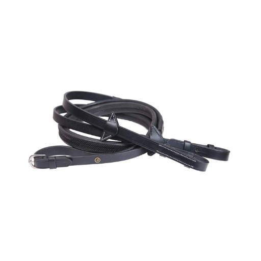 Indiana Signature black rubber grip horse riding reins with stoppers English leather and stainless steel hardware