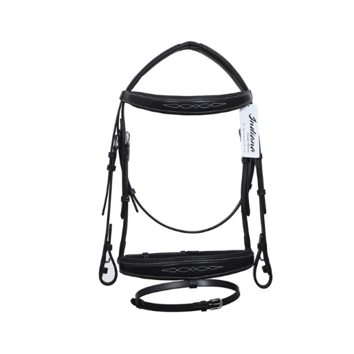 Indiana Signature anatomical leather horse bridle with rubber reins white fancy stitching and stainless steel fittings