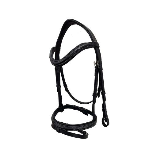 Indiana Signature Elite black English leather horse bridle with rubber reins curved padded browband and fancy stitching