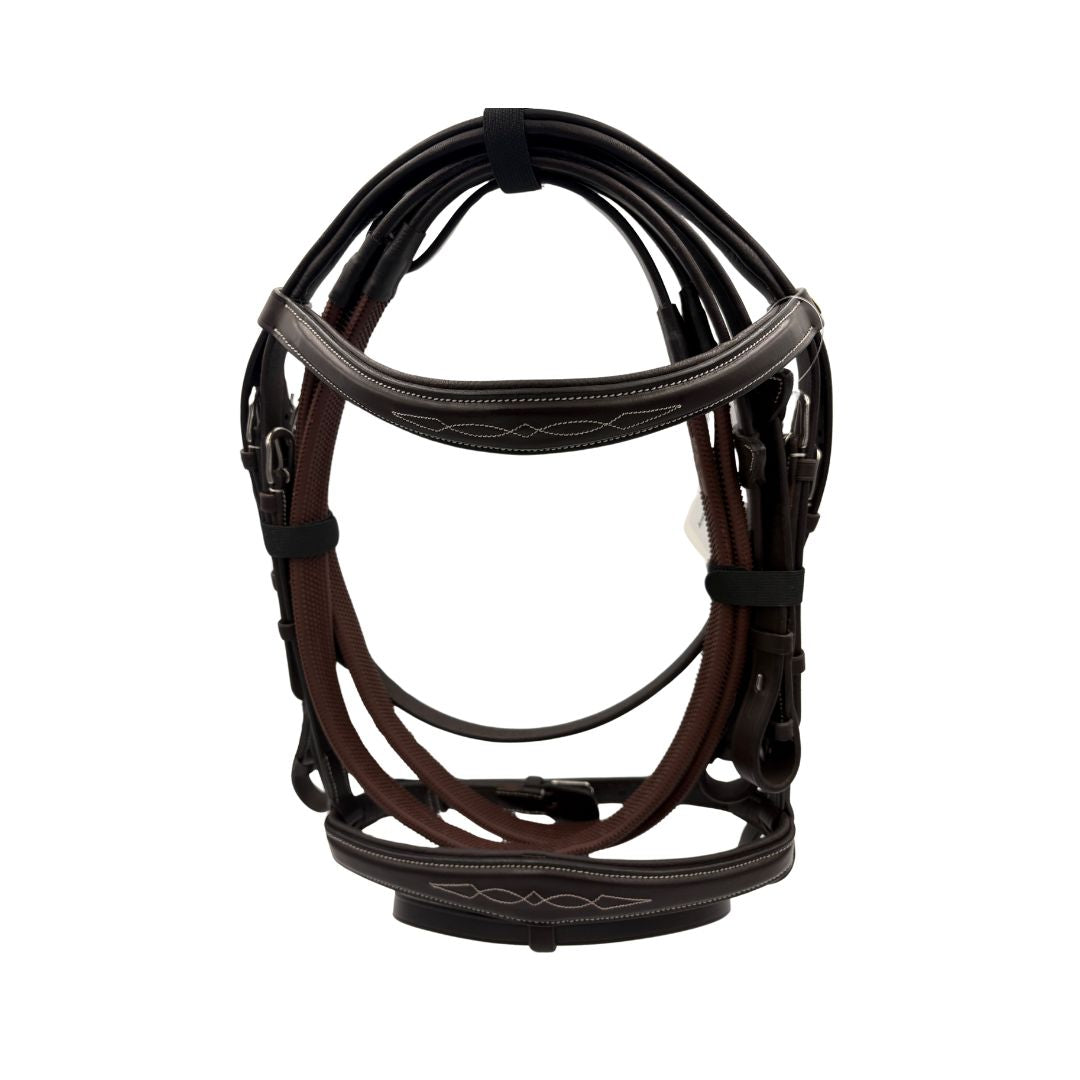 Indiana Signature Anatomical leather horse bridle with rubber reins, white contrast stitching and stainless steel fittings