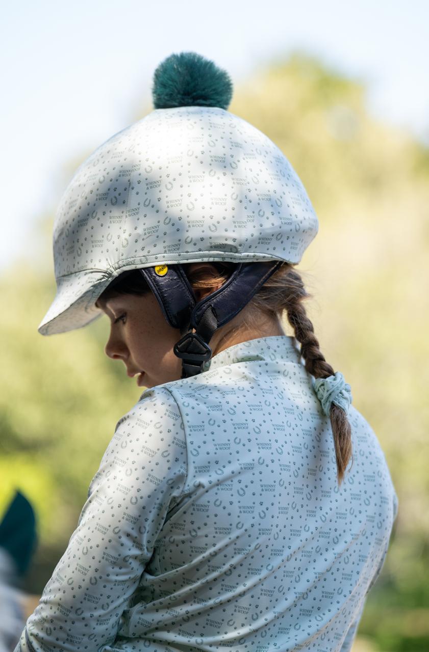 W&W equestrian riding helmet cover available in Blue Moon, Viennese Lady and Mint designs, adding a stylish personalised finish to your riding helmet.