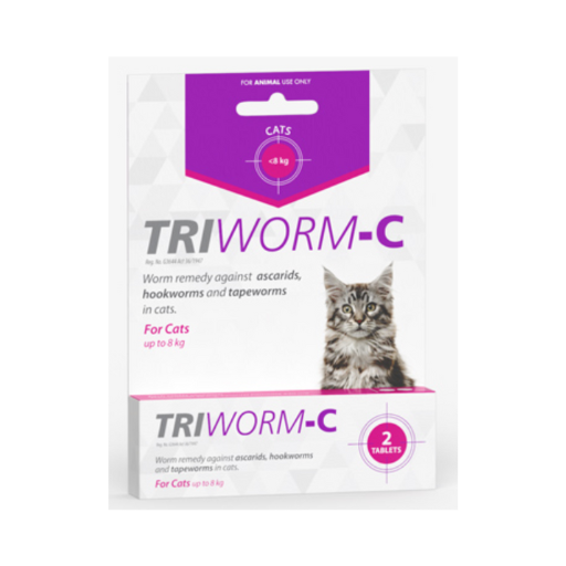 Triworm-C cat dewormer 2 tablets for cats and kittens up to 8kg