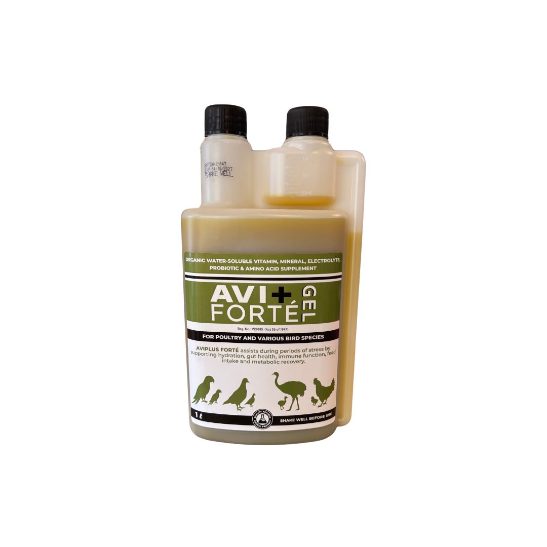 Camelus Avi Forte Gel 1L water-soluble nutritional supplement for birds.