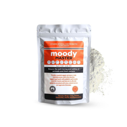 Camelus Moody Master 200g nutritional supplement for dogs, marketed for gut health and behavioural support.