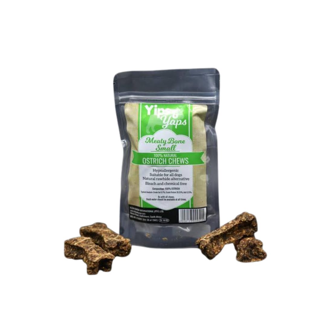 Yips & Yaps Ostrich Chews Meaty Bone Small, a natural ostrich-based dog chew.