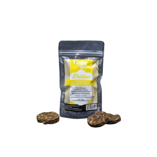 Yip & Yaps Ostrich Patties 300g natural dog treats in a convenient pack.