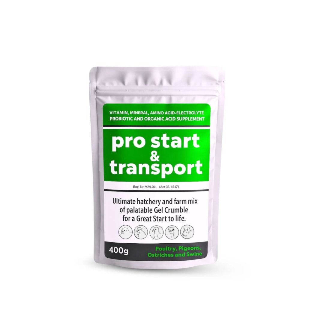 Camelus Pro Start & Transport 200g probiotic nutritional supplement for poultry and other listed animals.
