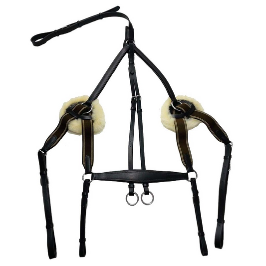 Indiana black leather five point horse breastplate with genuine sheepskin padding and running martingale attachment