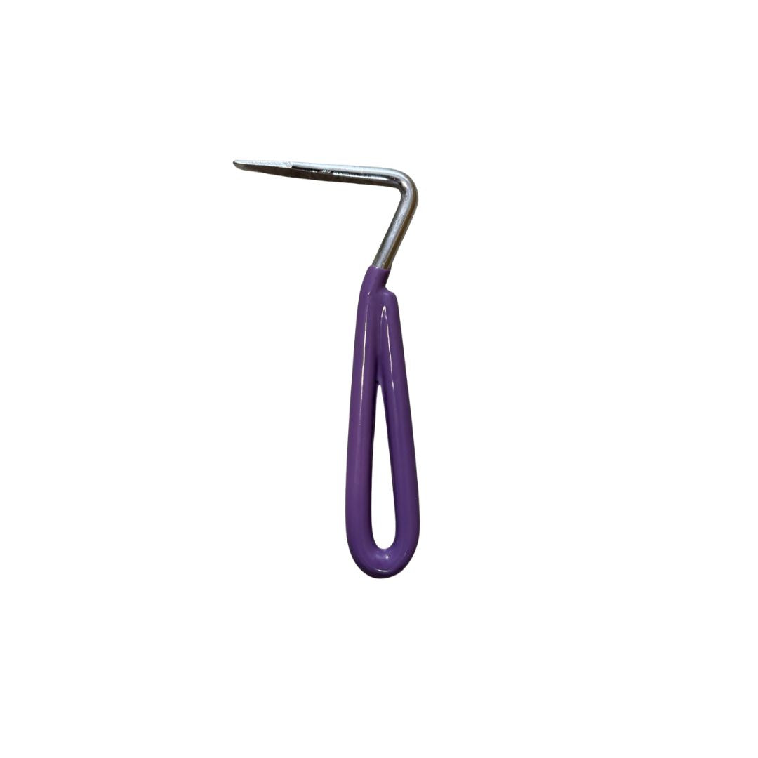 Metal horse hoof pick with plastic-coated handle for everyday hoof cleaning and grooming