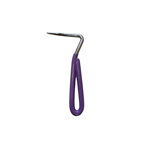 Metal horse hoof pick with plastic-coated handle for everyday hoof cleaning and grooming